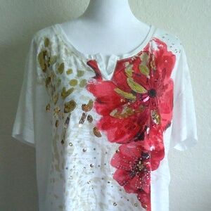 Onque Petite Women's White Pink Floral Blous Size-PXL #O